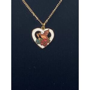 Vintage Cloisonne Open Heart Bird Flowets Multicolor Pendant Necklace Gold Tone
